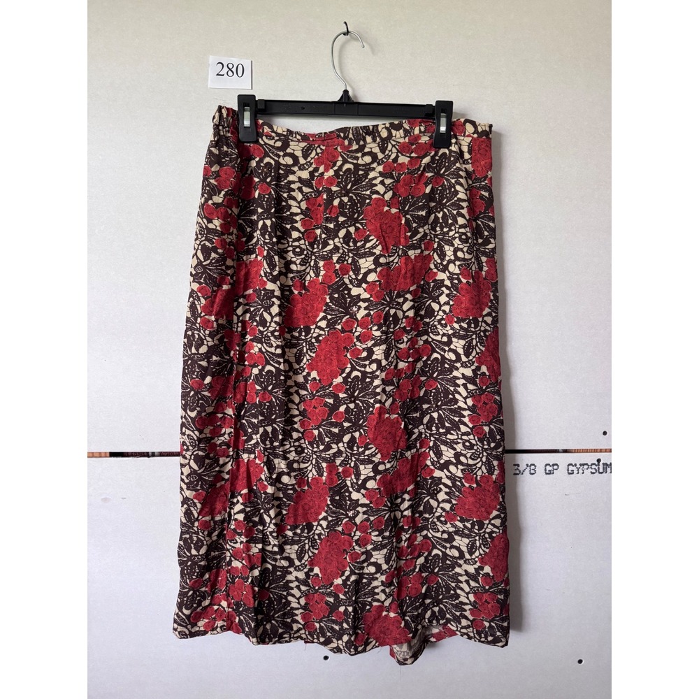 Kathie Lee Collection Red Rose Floral Rayon Midi Skirt Brown Cream Size 16